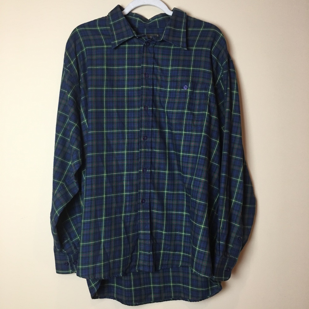 James Pringle Weavers Navy & Dark Green Plaid Flannel Collared Button Down Shirt